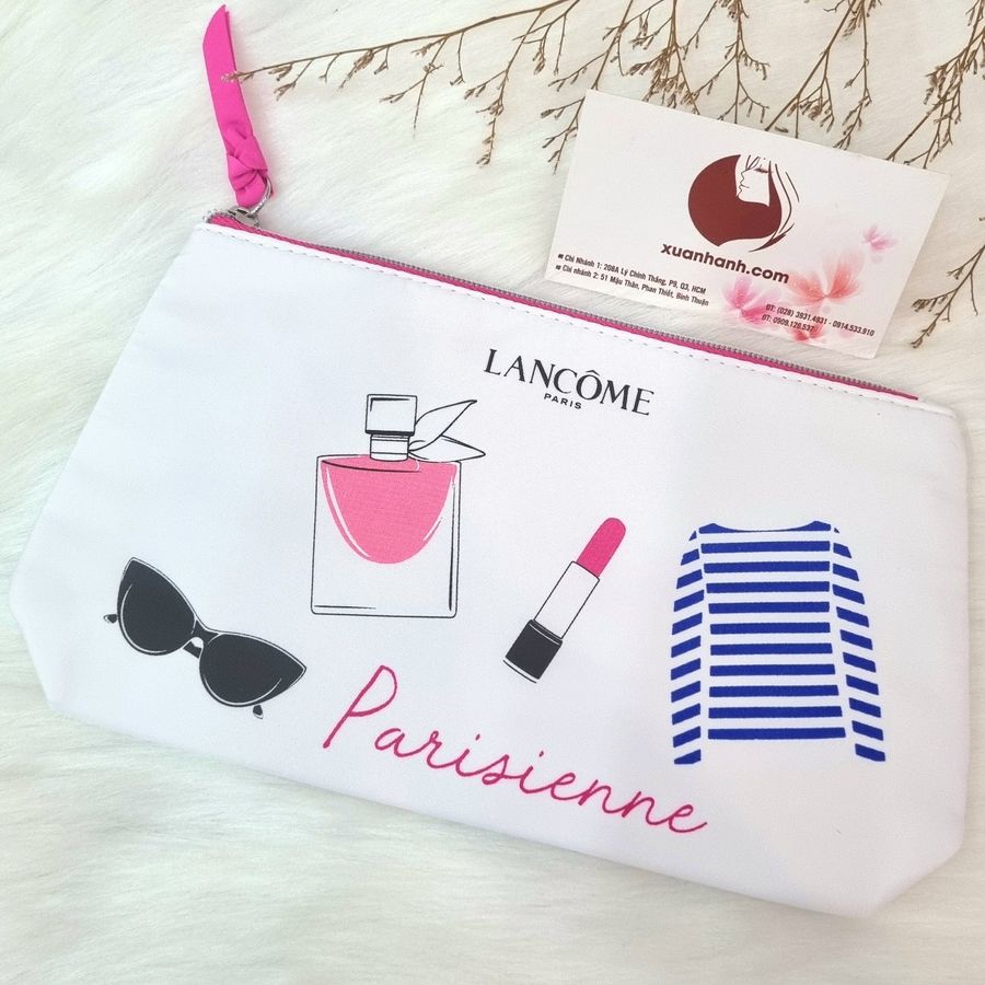 Túi đựng mỹ phẩm Lancome trắng họa tiết thời trang tinh tế, rất đẹp tiện dụng cầm tay