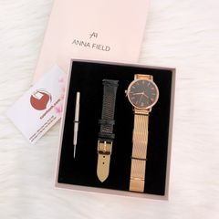 Set đồng hồ nữ Anna Field mặt tròn cổ điển, 2 dây #Rose Gold/Black - 6201
